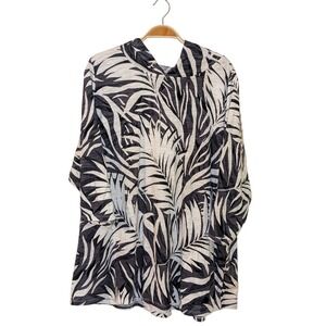 Belle‎ Kim Gravel 2X Black White Palm Leaf Print Hooded Tunic Top